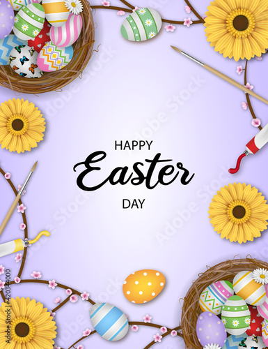 happy easter poster with colorful eggs in the nest and flowers