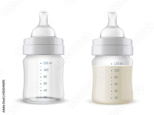 Two realistic baby mother breast milk bottle vector illustration childish drink nutrition