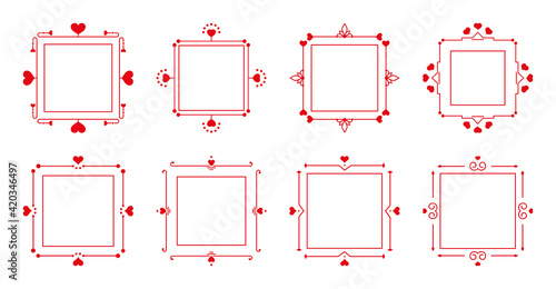 Elegant decorative red frame set. Ornamental frames certificate with hearts great for romantic menu, book. Decor border for text wedding invitation card or Valentines Day. Isolated vector illustration