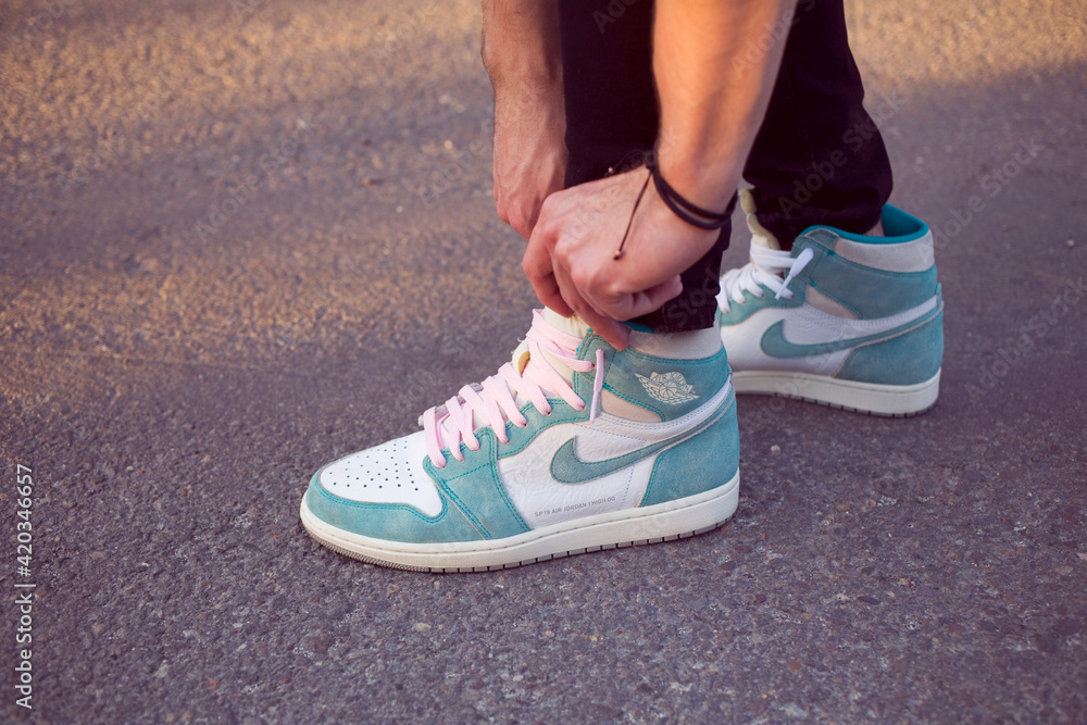 Trendy Laces of Nike Air Jordan 1 sneakers - Jalisco Mexico - march - 2021  Stock-Foto | Adobe Stock