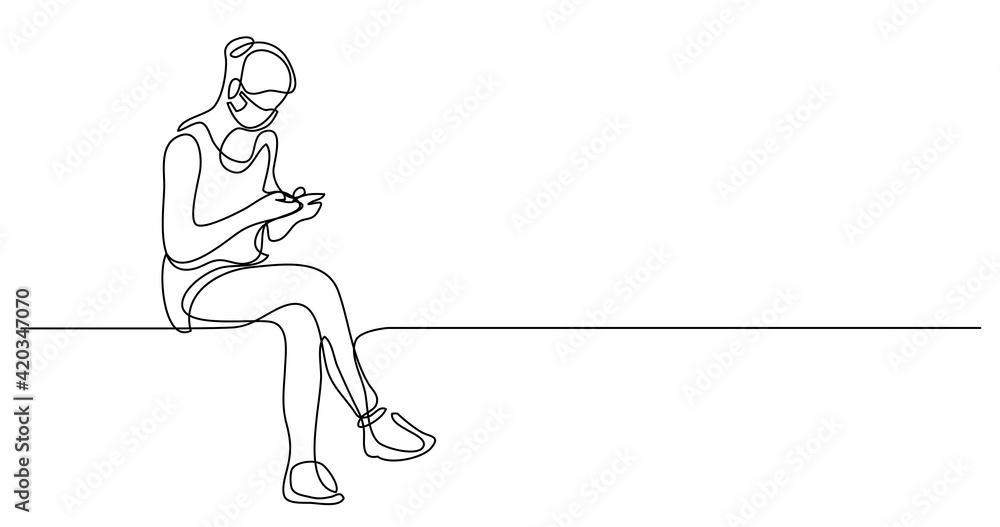 continuous line drawing of young woman sitting and reading her cell phone wearing face mask continuous line drawing of young woman sitting and reading her cell phone wearing face mask