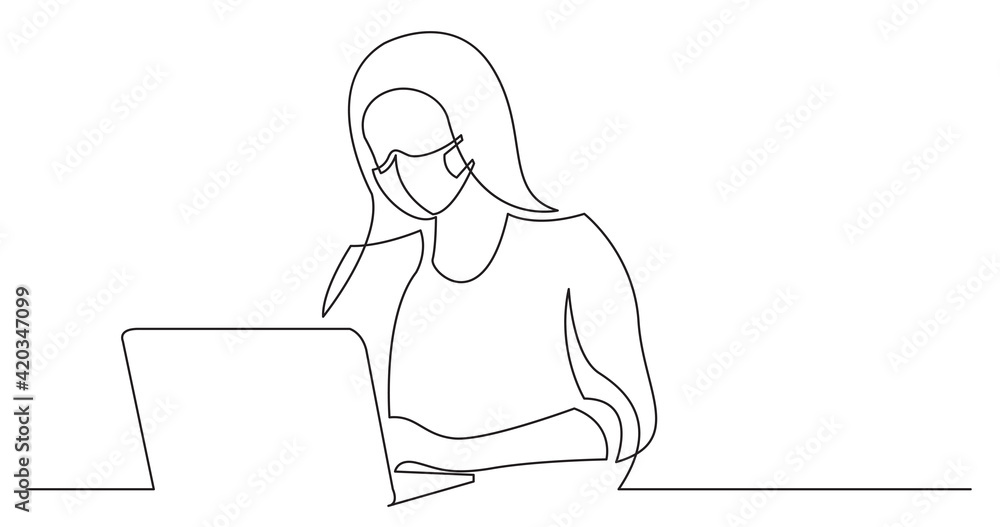 woman wearing face mask working on laptop computer - continuous line drawing