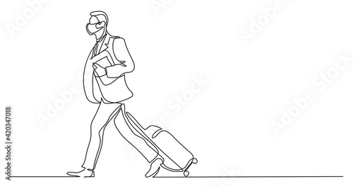 Fototapeta Naklejka Na Ścianę i Meble -  businessman walking with luggage wearing face mask - single line drawing