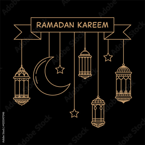 hanging lantern decoration for ramadan celebration in mono line style on black background. vector illustration
