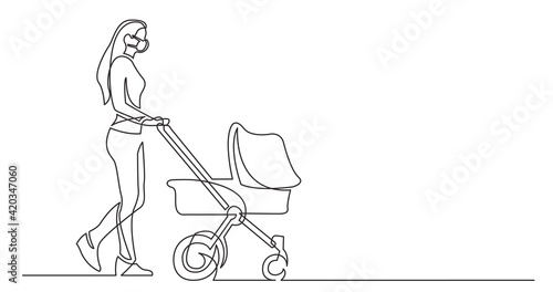 continuous line drawing of young woman with baby stroller walking  wearing face mask