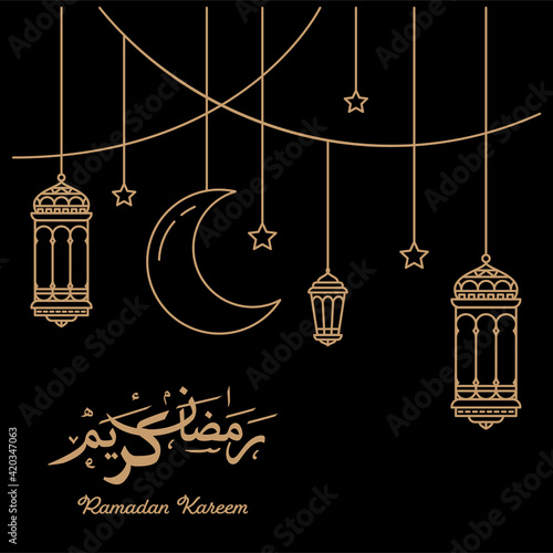 Ramadan celebration with hanging lanterns in mono line style on dark background. Translation "Ramadan kareem". vector illustration