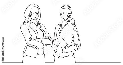 two standing business women wearing face masks - continuous line drawing