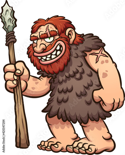 Caveman or neanderthal holding a spear and smiling. Vector clip art illustration with simple gradients. All in a single layer.

