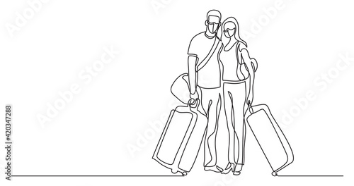 continuous line drawing of traveling couple standing with baggage and luggage wearing face masks