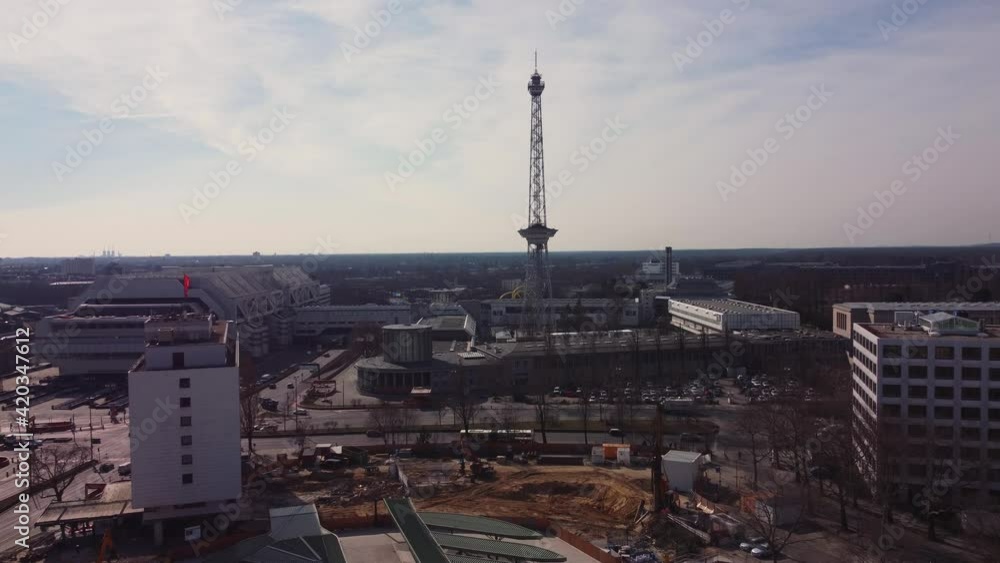 Exhibition grounds Berlin with radio tower. Amazing drone footage Exhibition grounds Berlin with radio tower. Amazing drone footage