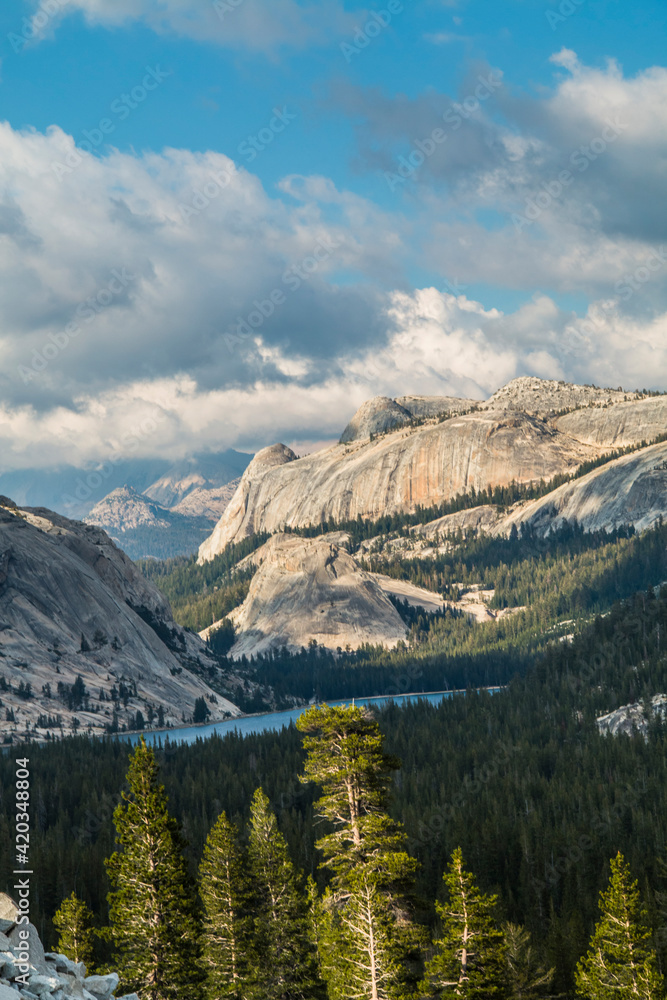 majestic summer views of  granite rock formations and the Half Dome as viewed from Olmstead Point near Tioga Pass in Yosemite, California.