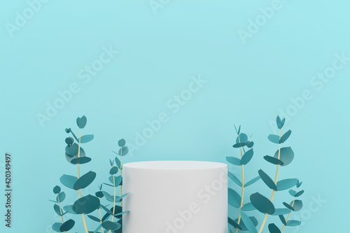 White podium with green eucalyptus leaves , Space for product advertising concept, 3d render