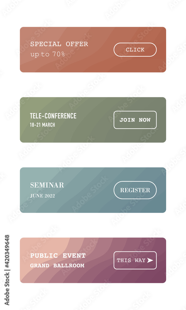 Vector set of abstract creative banners in minimal trendy style with color layer - design templates for social media, print, website, buttons
Vector set of abstract creative banners in minimal trendy style with color layer - design templates for social media, print, website, buttons