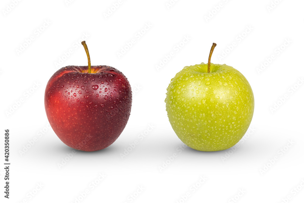 Fresh red apple and green apple with water drop isolated on white background. with clipping paths. Fresh red apple and green apple with water drop isolated on white background. with clipping paths.