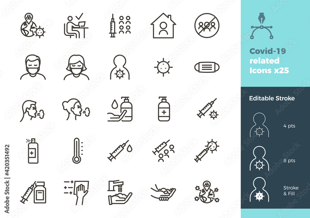 Covid-19 related icons. 25 different coronavirus, flu, sickness, medical and health and home working in lockdown graphic elements. Thin outline minimal illustrations.