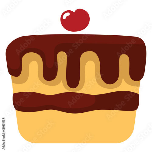 Chocolate cake with cherry on top, illustration, vector on a white background