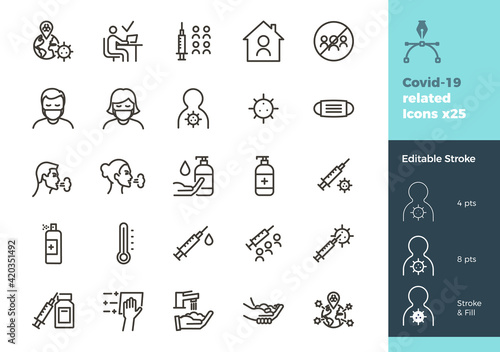 Covid-19 related icons. 25 different coronavirus  flu  sickness  medical and health and home working in lockdown graphic elements. Thin outline minimal illustrations.
