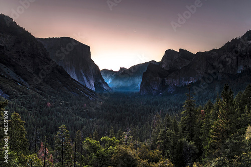 dawn in the Yosemite Valley as viewed from the Tunnel View in Rt 41 in Yosemite National park  California