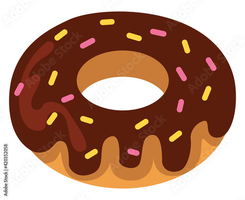 Donut dipped in chocolate with sprinkles, illustration, vector on a white backgroundv