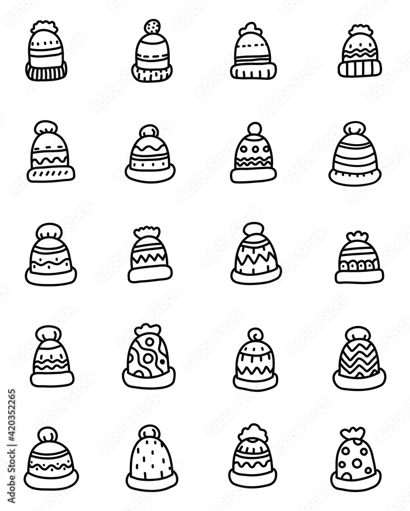 Cute warm winter hats, illustration, vector on a white background - obrazy, fototapety, plakaty 