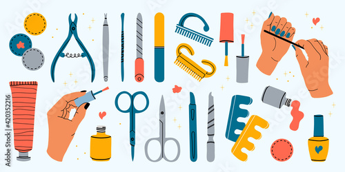 Vector set of manicure tools. Various manicure accessories. Female hands of a master. Nail scissors, nail file, tweezers, nail polish, hand cream, polish remover, brush etc. Hand-drawn style. 