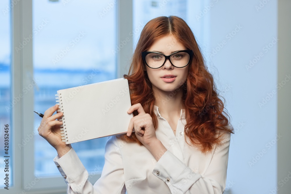 Business woman with notepad in hands finance officer Copy Space Business woman with notepad in hands finance officer Copy Space