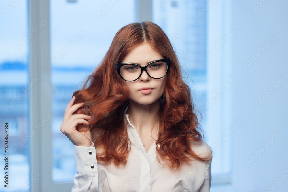 pretty red-haired woman manager office joy professional emotions pretty red-haired woman manager office joy professional emotions