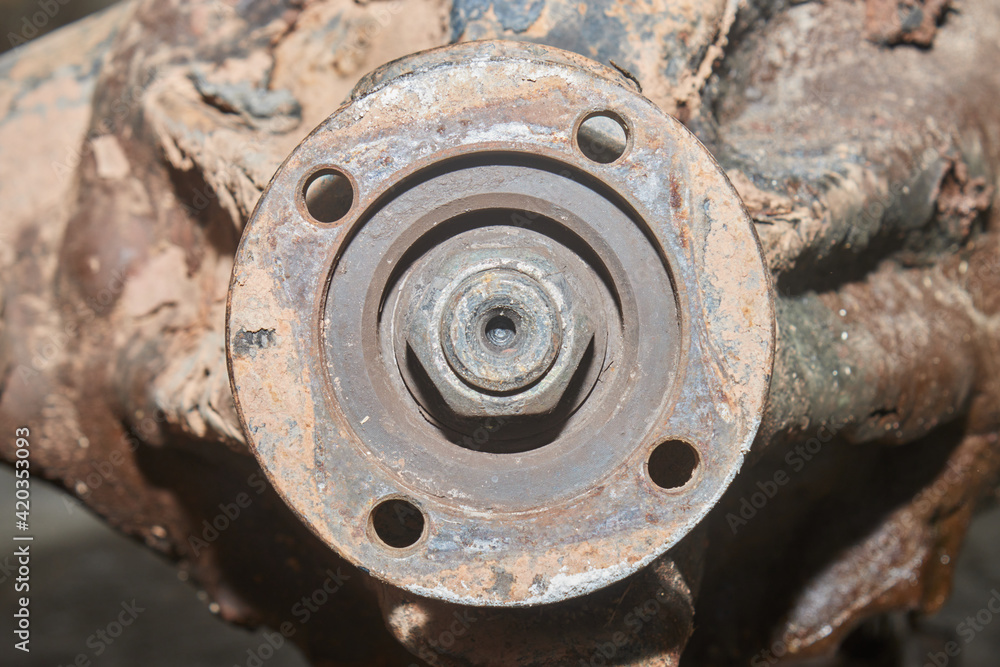 Front View Rear Differential Gearbox and Flange and Nut on Center Frame Front View Rear Differential Gearbox and Flange and Nut on Center Frame