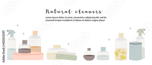 Natural household cleaners: soda, vinegar, lemon, mustard powder, salt, laundry soap. Eco friendly detergents, chemical free. Zero waste lifestyle. Green home concept. Vector flat cartoon illustration