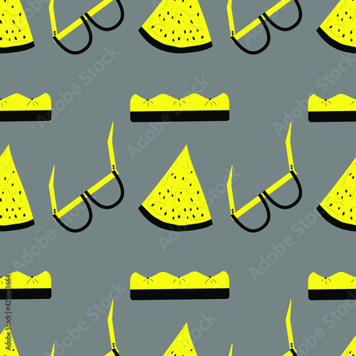 Glasses, and watermelon inflatable mattress in abstract style on Paterna in yellow, grey tones.