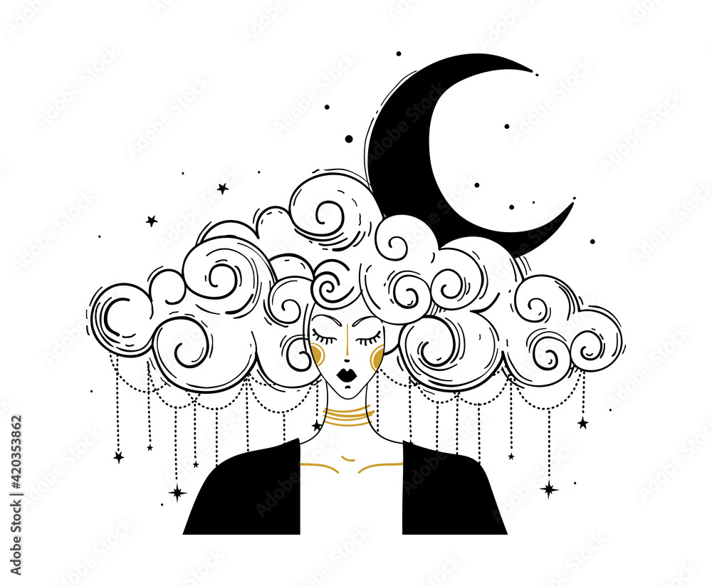 Linear boho drawing, woman with cloud hair and a crescent moon in her hair.  Astrology concept, tarot, prediction. Magic witch, fantasy portrait. Vector  illustration isolated on white background. vector de Stock