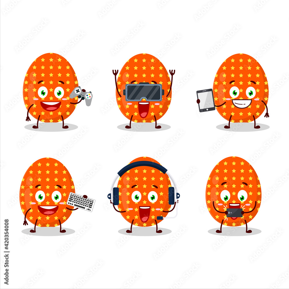 Deep orange easter egg cartoon character are playing games with various cute emoticons Deep orange easter egg cartoon character are playing games with various cute emoticons