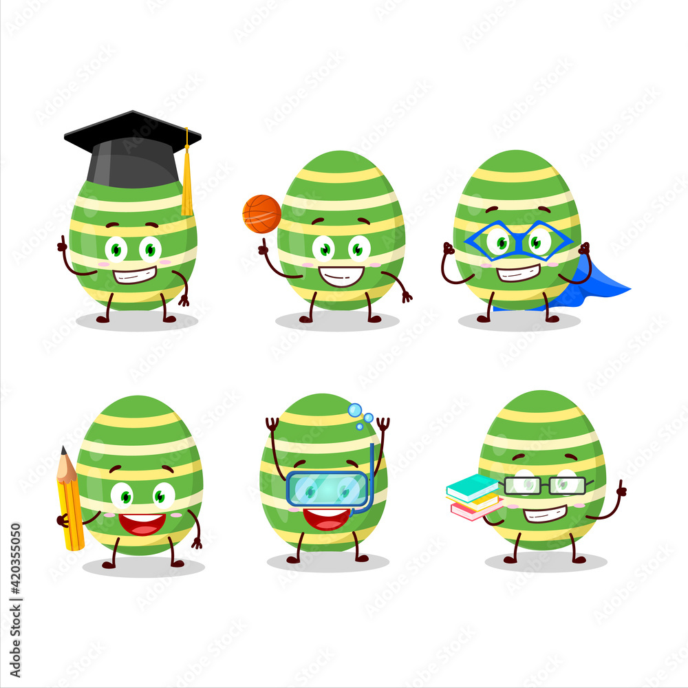 School student of green easter egg cartoon character with various expressions School student of green easter egg cartoon character with various expressions
