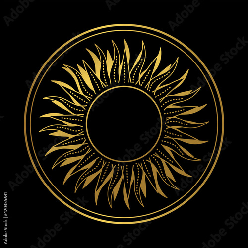 Abstract boho hand drawn illustration, golden sun or moon in a circle frame on a black background. Graphic logo, heavenly sign, tarot card, astrological symbol. Divine heavenly symbol.