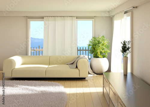 Home interior with sofa and panoramic windows. Carpet on a parquet floor. 3D rendering.