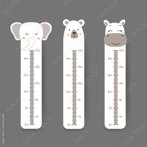 Kids height chart. Cute wall meter with funny animals. Vector template. Cartoon zoo. Design of children products in scandinavian style.