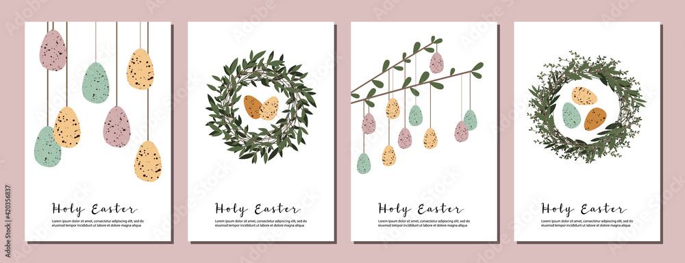Easter cards. Cute easter egg, nest, branch and leaves. Eco rustic decoration. Vector flat cartoon illustration. Perfect for poster, print, card, invitation, greeting, tag