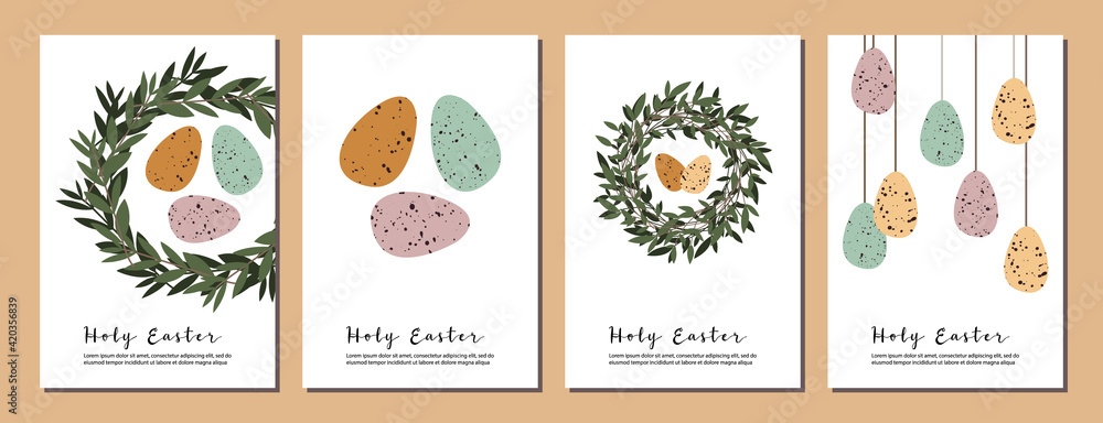 Easter cards. Cute easter egg, nest, branch and leaves. Eco rustic decoration. Vector flat cartoon illustration. Perfect for poster, print, card, invitation, greeting, tag