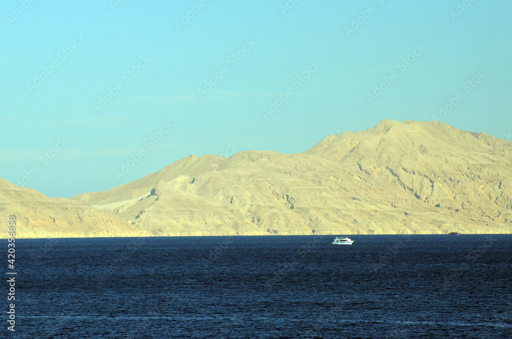 View of Tiran island. Saudi Arabia. From Red Sea, Sharm el Sheikh, Sinai, Egypt.