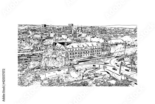 Building view with landmark of Mainz is a German city on the Rhine River. Hand drawn sketch illustration in vector.