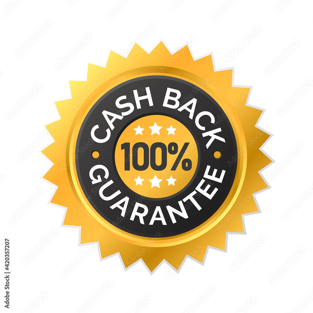 Vector illustration of money back guarantee label icon. Perfect for the design elements of a shop promotion, warranty, and attracting customer trust. Gold label of cashback guarantee certificate. Vector illustration of money back guarantee label icon. Perfect for the design elements of a shop promotion, warranty, and attracting customer trust. Gold label of cashback guarantee certificate.