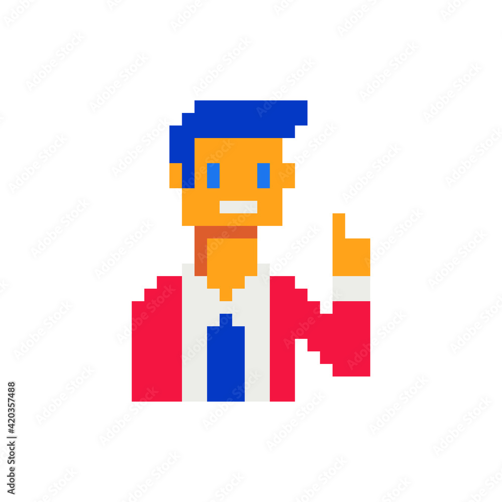 Businessman character. Pixel art style. Avatar, portrait, profile picture.  Game assets.  8-bit. Isolated vector illustration.