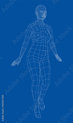Wireframe walking woman. Vector
