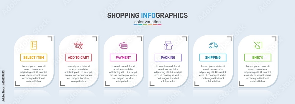 Concept of shopping process with 6 successive steps. Six colorful graphic elements. Timeline design for brochure, presentation, web site. Infographic design layout. Concept of shopping process with 6 successive steps. Six colorful graphic elements. Timeline design for brochure, presentation, web site. Infographic design layout.