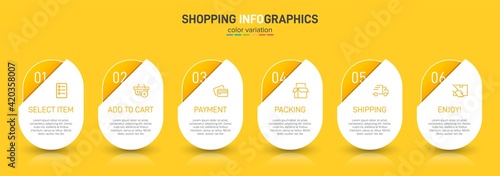 Concept of shopping process with 6 successive steps. Six colorful graphic elements. Timeline design for brochure, presentation, web site. Infographic design layout.
