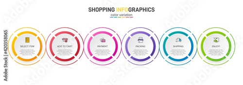 Concept of shopping process with 6 successive steps. Six colorful graphic elements. Timeline design for brochure, presentation, web site. Infographic design layout.