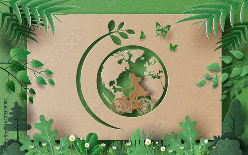 A girl enjoys riding bikes with an earth background, save the planet and energy concept, paper illustration, and 3d paper.