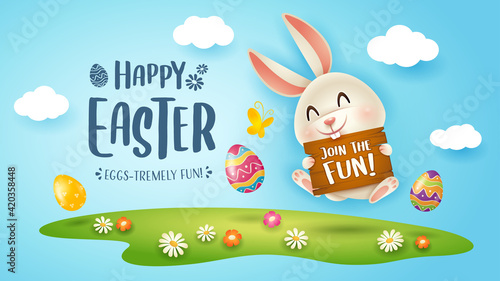 Happy Easter! Easter festival background with bunny and eggs on grass.
