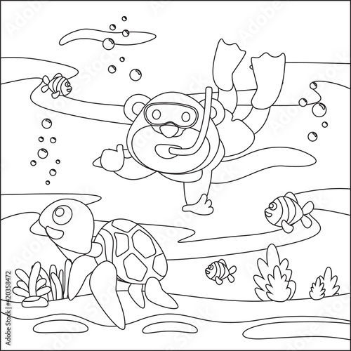 Vector cartoon illustration of little monkey and turtle, with cartoon style Childish design for kids activity colouring book or page.