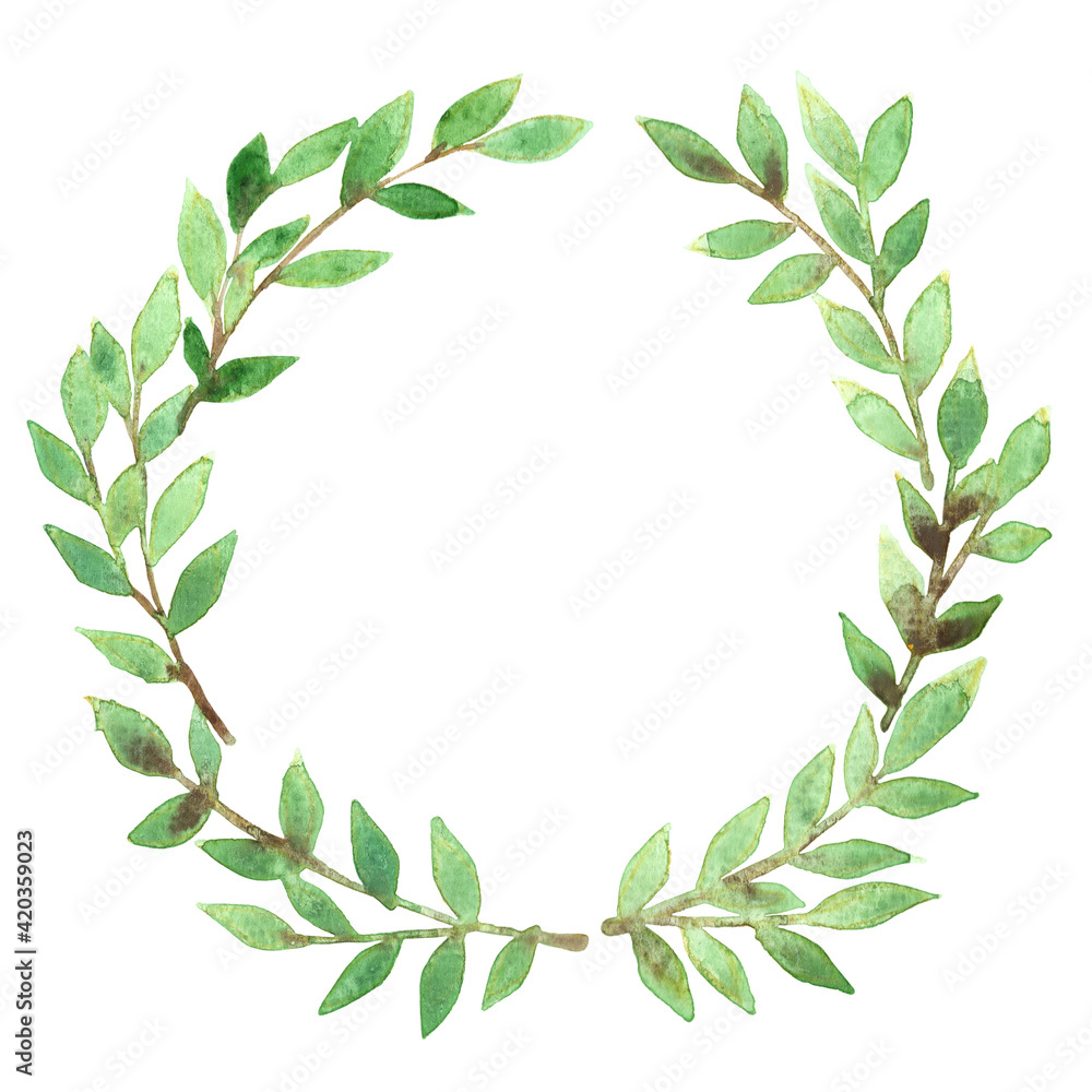 green leaf wreath frame watercolor hand painting for decoration on natural and greenery theme concept.